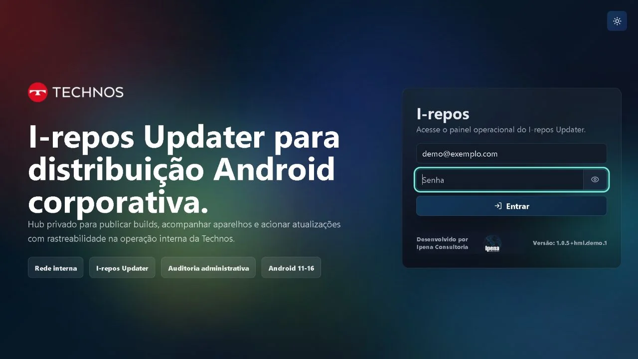 Tela de acesso do I-repos 1 em homologação, com e-mail fictício e sem senha.